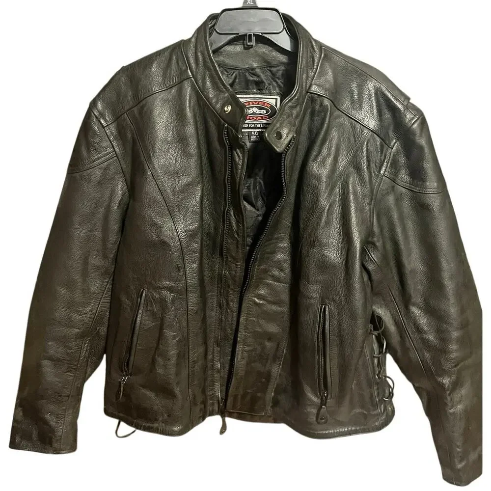 River Road Black Leather Moto Jacket Size 50 XL Lace-Up Side